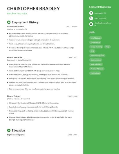 Aerobics Instructor Resume