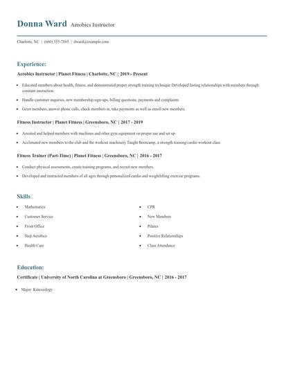 Aerobics Instructor Resume