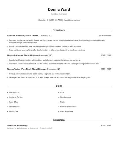 Aerobics Instructor Resume