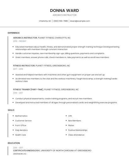 Aerobics Instructor Resume