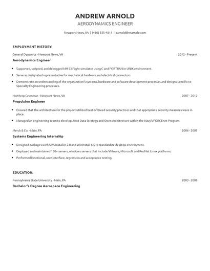 Aerodynamics Engineer Resume