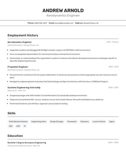 Aerodynamics Engineer Resume