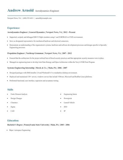 Aerodynamics Engineer Resume