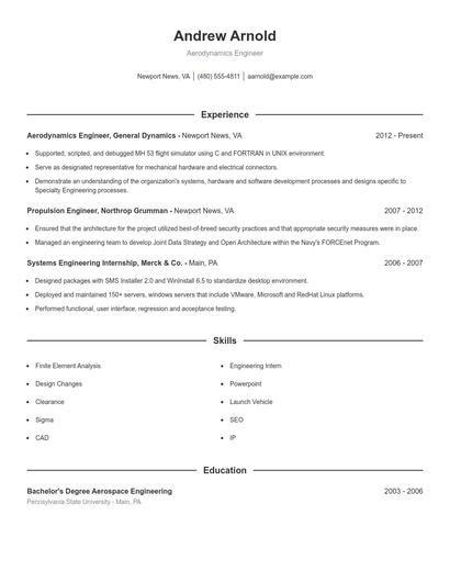 Aerodynamics Engineer Resume