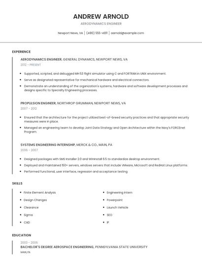 Aerodynamics Engineer Resume