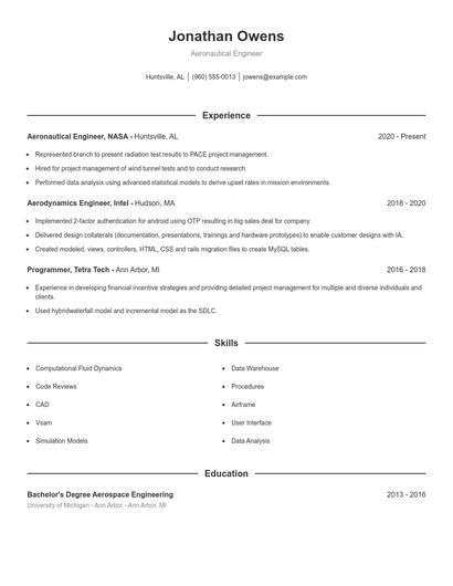 Aeronautical Engineer Resume