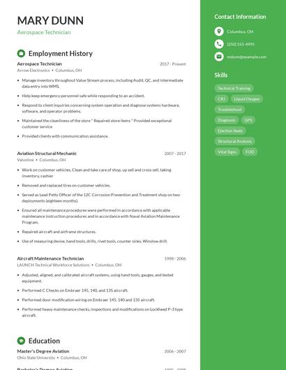 Aerospace Technician Resume
