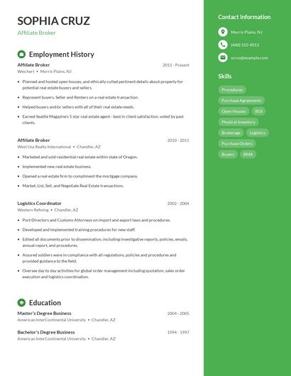Affiliate Broker Resume