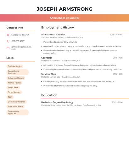 Afterschool Counselor Resume
