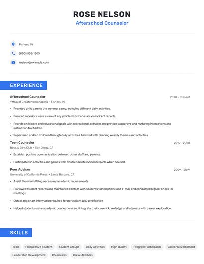 Afterschool Counselor Resume