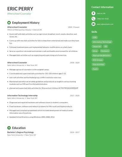 Afterschool Counselor Resume