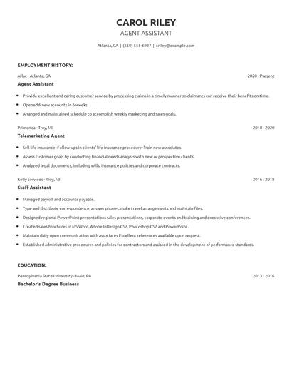 Agent Assistant Resume