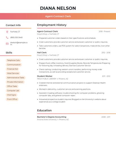 Agent-Contract Clerk Resume