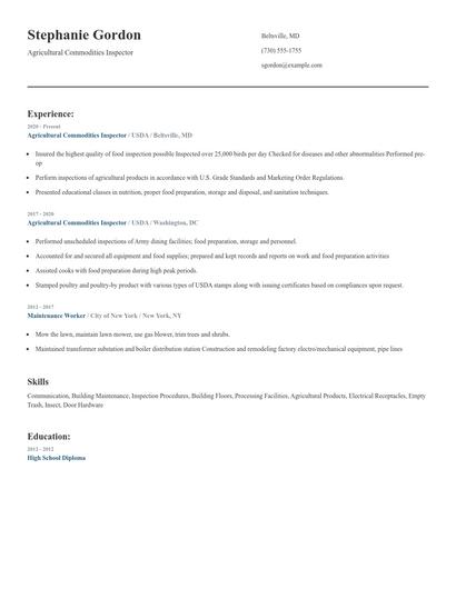 Agricultural Commodities Inspector Resume