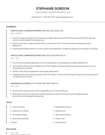 Agricultural Commodities Inspector Resume
