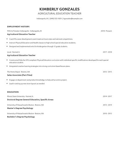 Agricultural Education Teacher Resume