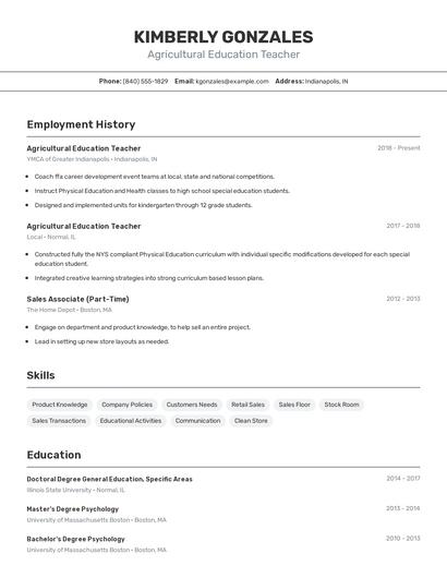 Agricultural Education Teacher Resume