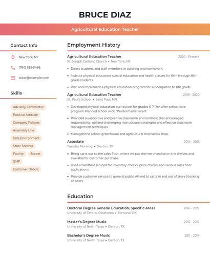 Agricultural Education Teacher Resume