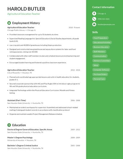 Agricultural Education Teacher Resume