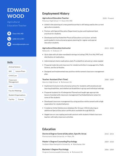 Agricultural Education Teacher Resume