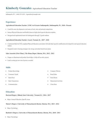 Agricultural Education Teacher Resume
