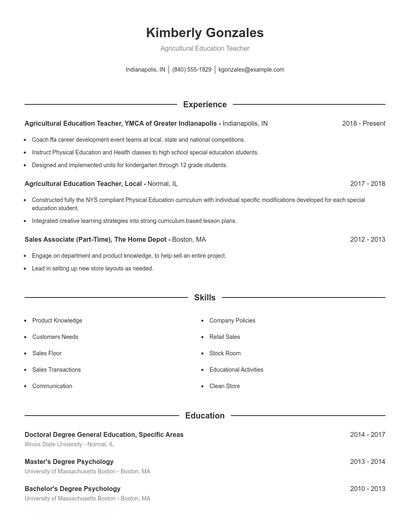 Agricultural Education Teacher Resume
