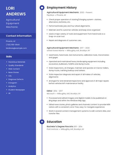 Agricultural Equipment Mechanic Resume