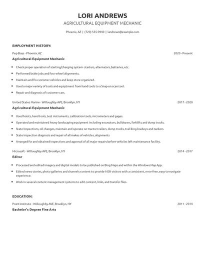 Agricultural Equipment Mechanic Resume