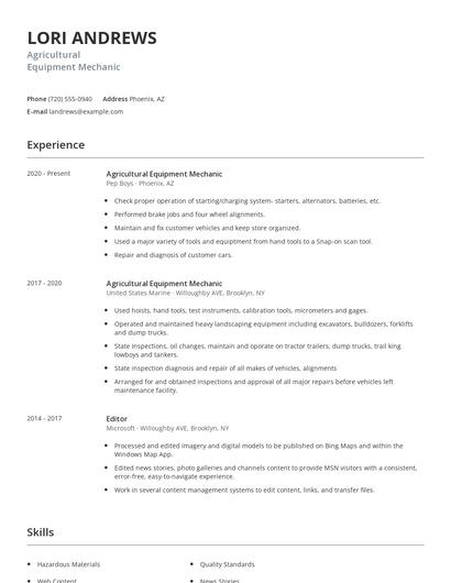 Agricultural Equipment Mechanic Resume