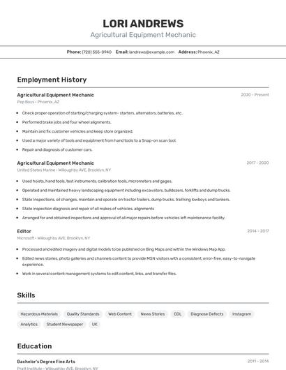 Agricultural Equipment Mechanic Resume