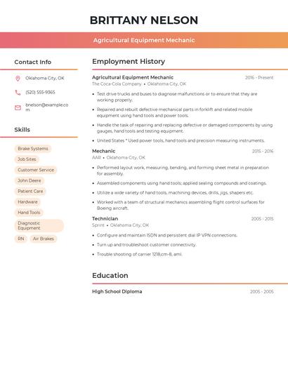 Agricultural Equipment Mechanic Resume