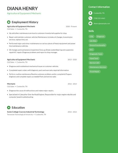 Agricultural Equipment Mechanic Resume