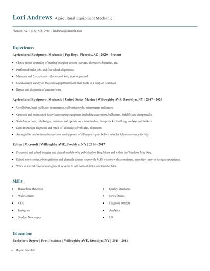 Agricultural Equipment Mechanic Resume