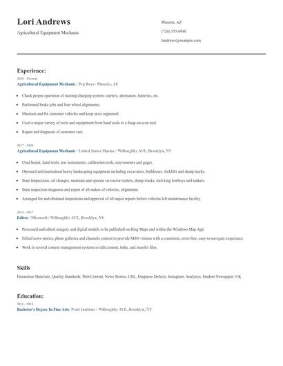 Agricultural Equipment Mechanic Resume