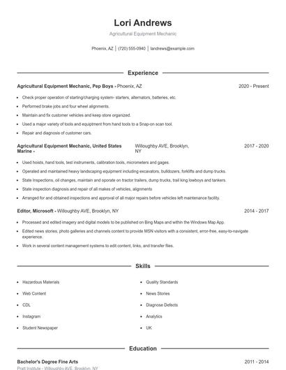 Agricultural Equipment Mechanic Resume