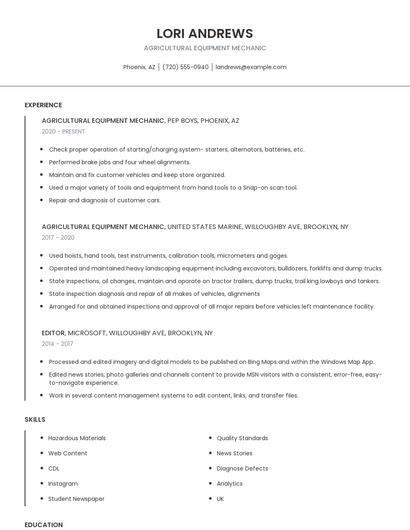 Agricultural Equipment Mechanic Resume