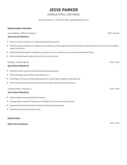 Agricultural Mechanic Resume