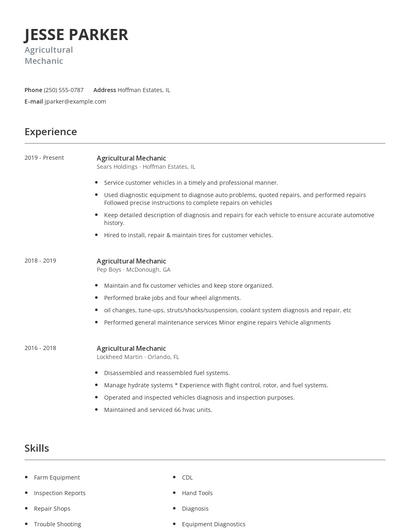 Agricultural Mechanic Resume