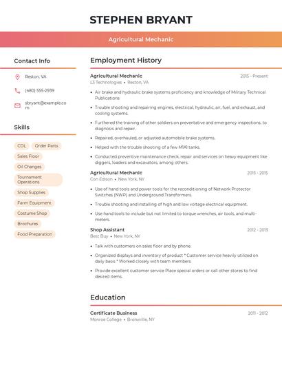 Agricultural Mechanic Resume