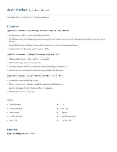 Agricultural Mechanic Resume
