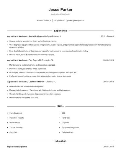 Agricultural Mechanic Resume
