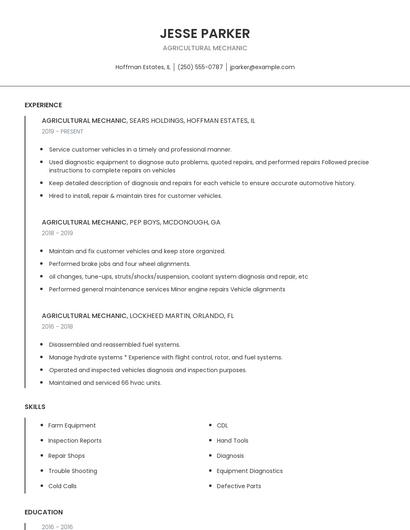Agricultural Mechanic Resume