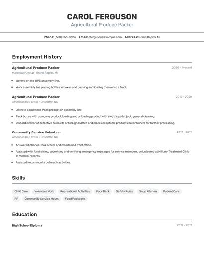 Agricultural Produce Packer Resume