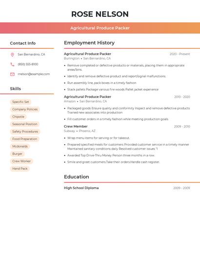 Agricultural Produce Packer Resume