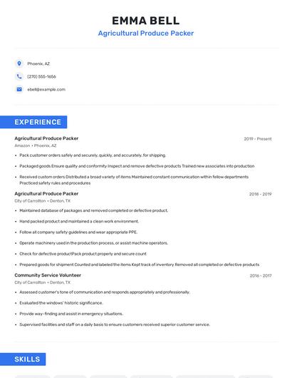 Agricultural Produce Packer Resume