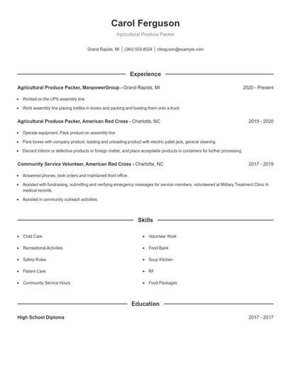 Agricultural Produce Packer Resume