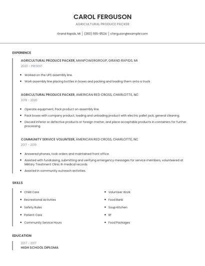 Agricultural Produce Packer Resume