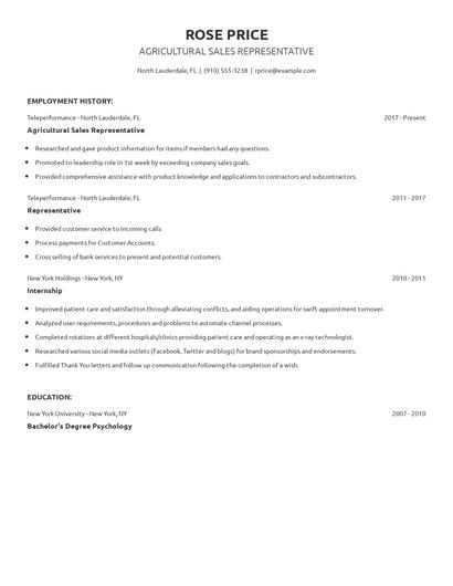 Agricultural Sales Representative Resume