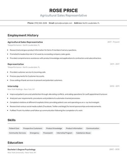 Agricultural Sales Representative Resume