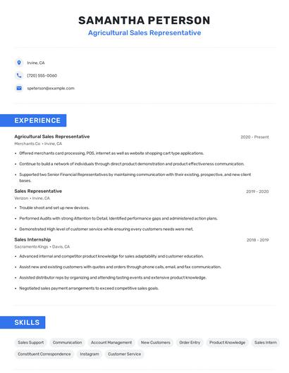 Agricultural Sales Representative Resume